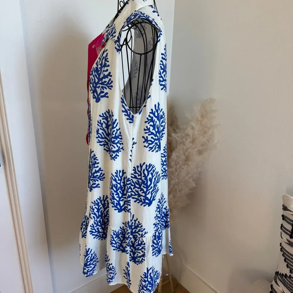 THML White Blue Coral Print Sleeveless Pleated Buttom Mini Dress Pink Trim NWT-M - Picture 8 of 10